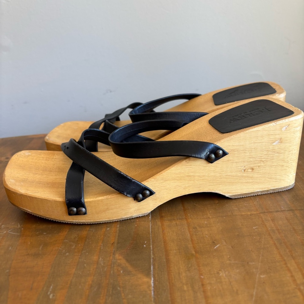 J.Crew Wooden Platform Strappy Black Leather Sandal Slides-9-90/Y2K Retro Square